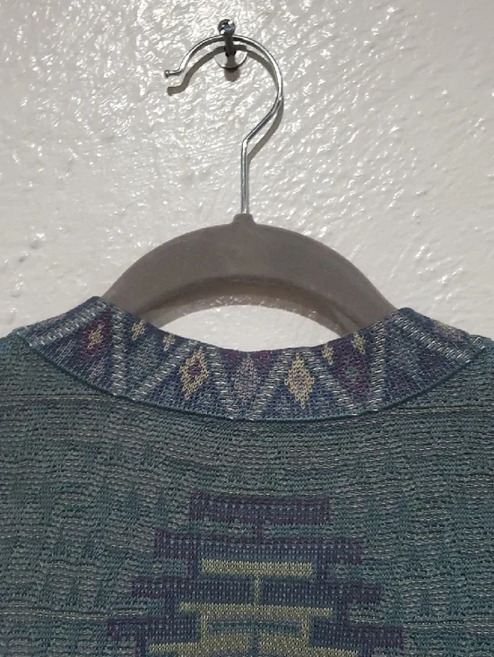 Peruvian Connection Boho Teal Kimono Cardigan with Aztec Pattern Size L - Picture 14 of 15